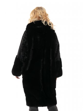 Женское комбинированное пальто из меха норки и каракуля с капюшоном