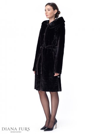 Французское пальто из мутона с капшоном, под пояс, модель 203-100